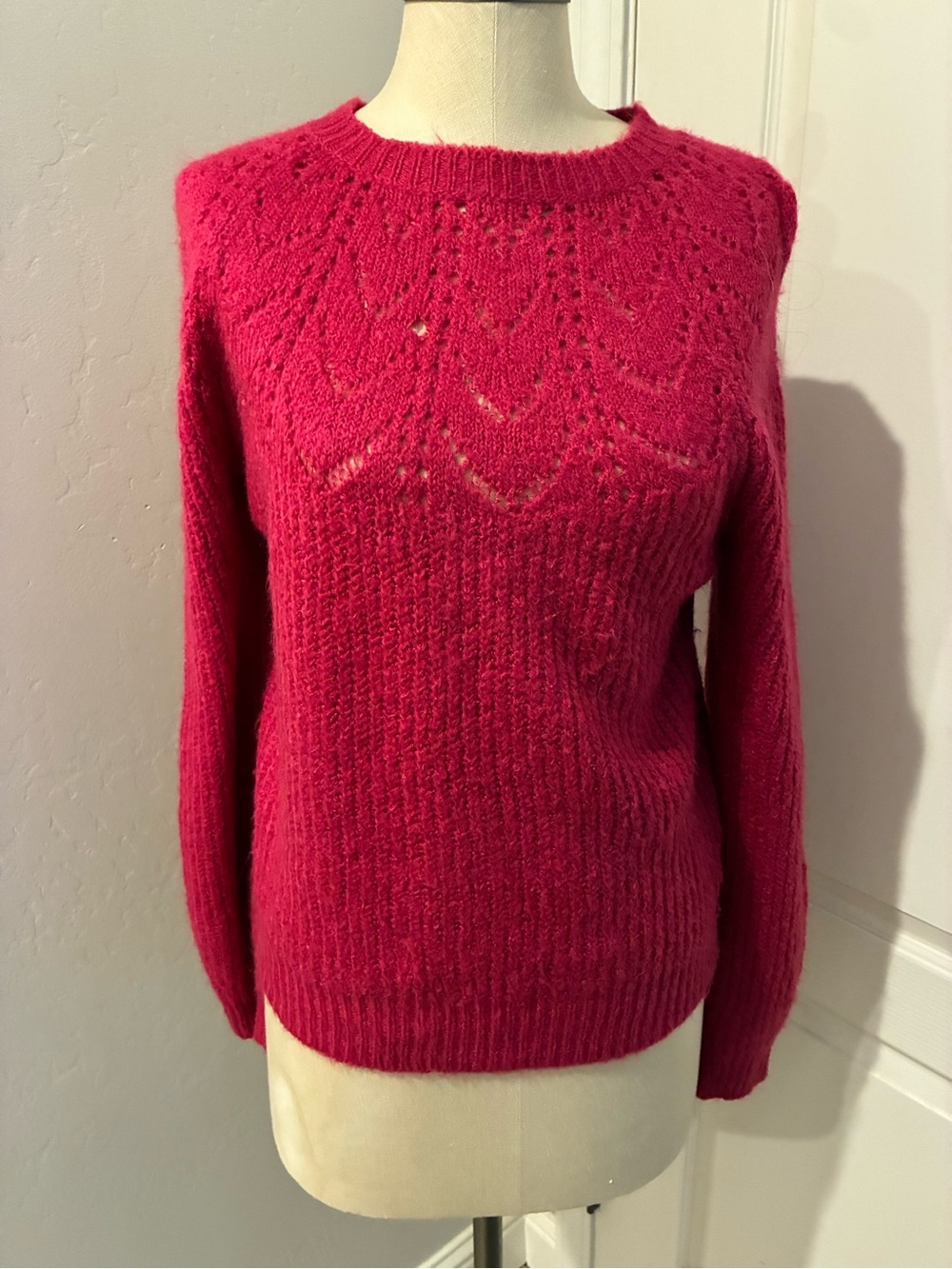 Ann Taylor Raspberry Crewneck Sweater with Lace Yoke